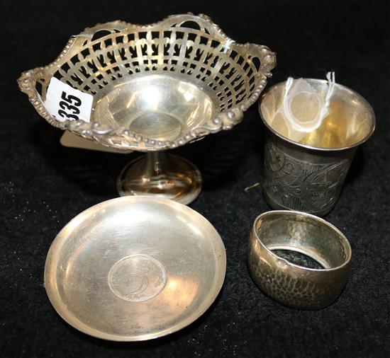 19th century Russian silver vodka cup, napkin ring, small pierced tazza & a one rupee coin dish